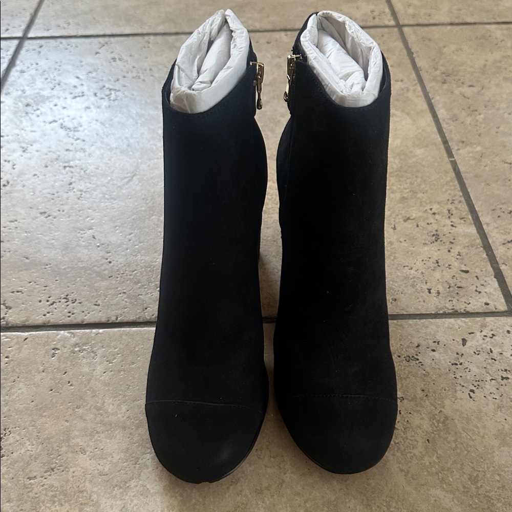 Ann Black Suede Booties with Gold Zipper W 10